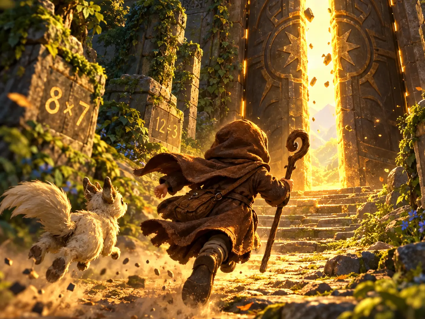 QuestCaster adventurer and companion creature racing up ancient steps past pillars carved with math problems toward a bursting-open gate
